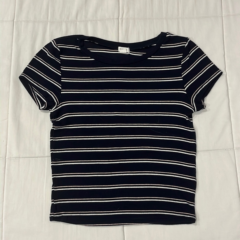 Garage Navy Blue Pink/White Striped Ribbed Tee